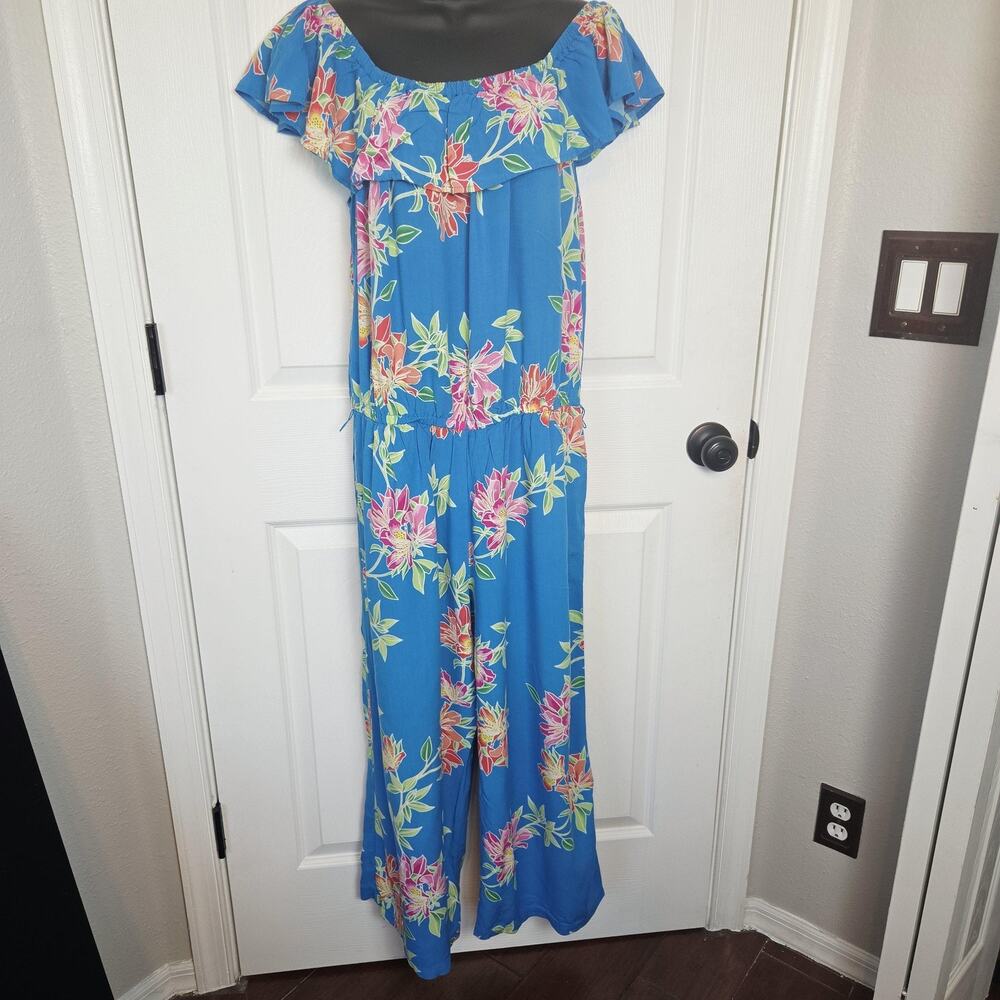 Tommy Bahama Jumpsuit Large Blue Sun Lillies Cropped Floral Off Shoulder Pockets